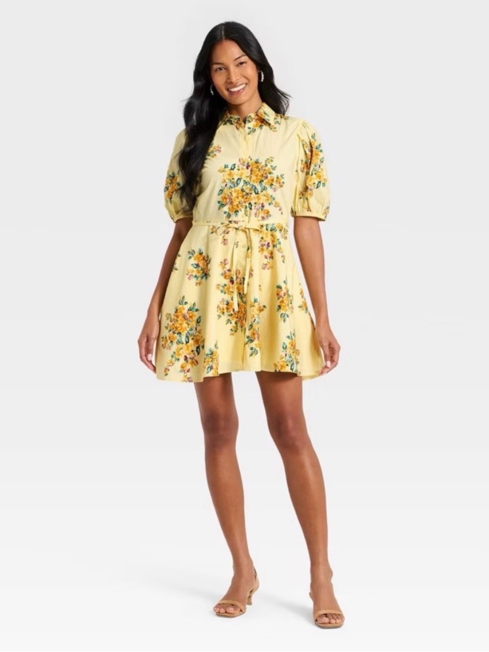 A New Day Yellow Floral Balloon Sleeve Shirt Dress